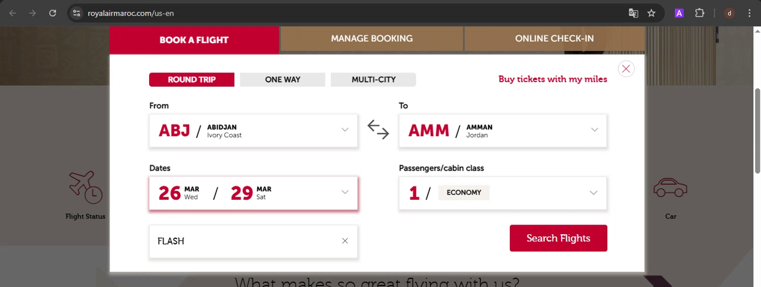 Royal Air Maroc promo code screenshot showing code FLASH applied at Royal Air Maroc checkout page. Uploaded by SimplyCodes community member VoucherSpotter9376 on Mar 24, 2025