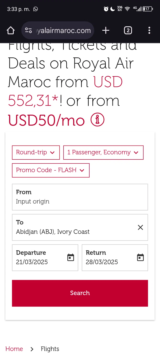 Royal Air Maroc checkout page showing Royal Air Maroc promo code box | Screenshot taken by SimplyCodes community member on Mar 14, 2025
