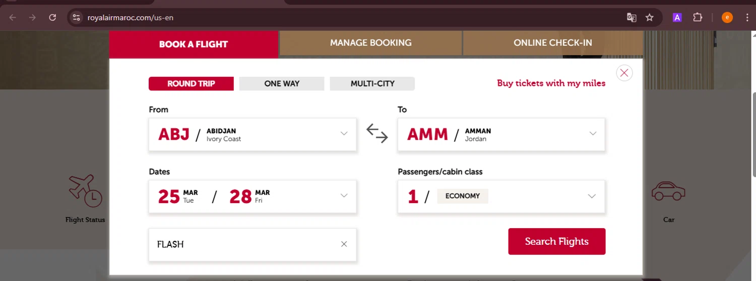 Royal Air Maroc promo code screenshot showing code FLASH applied at Royal Air Maroc checkout page. Uploaded by SimplyCodes community member NobleElite1598 on Mar 24, 2025