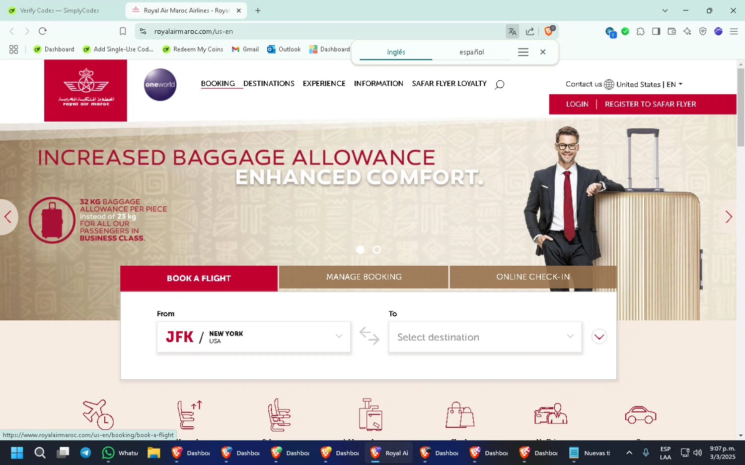 Royal Air Maroc promo code screenshot showing code BOGO applied at Royal Air Maroc checkout page. Uploaded by SimplyCodes community member WiseMaven8994 on Mar 4, 2025