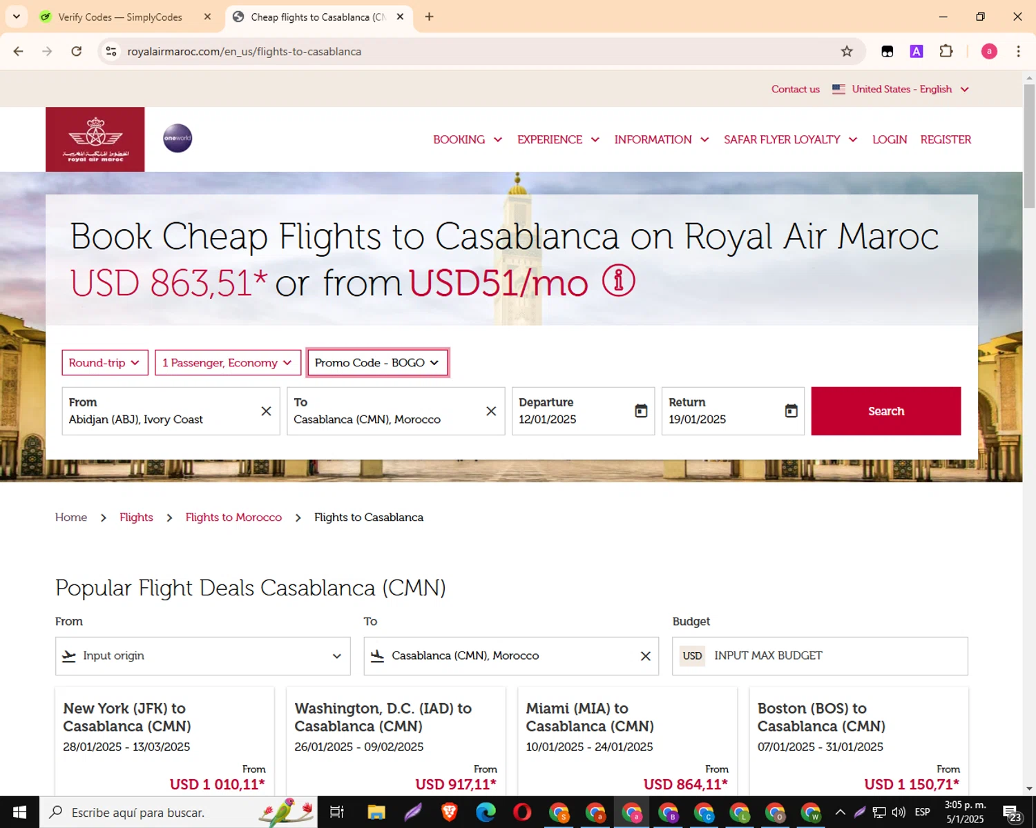 Royal Air Maroc checkout page showing Royal Air Maroc promo code box | Screenshot taken by SimplyCodes community member on Jan 5, 2025