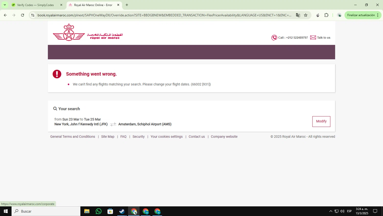 Royal Air Maroc promo code screenshot showing code BOGO applied at Royal Air Maroc checkout page. Uploaded by SimplyCodes community member YUPITAISON on Mar 13, 2025