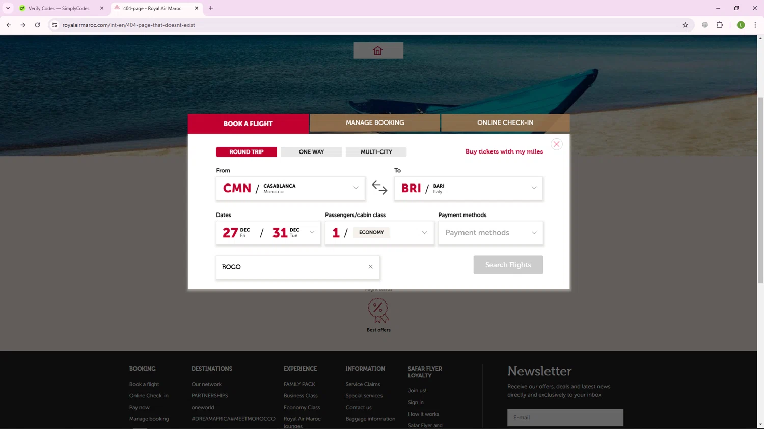 Royal Air Maroc checkout page showing Royal Air Maroc promo code box | Screenshot taken by SimplyCodes community member on Nov 26, 2024