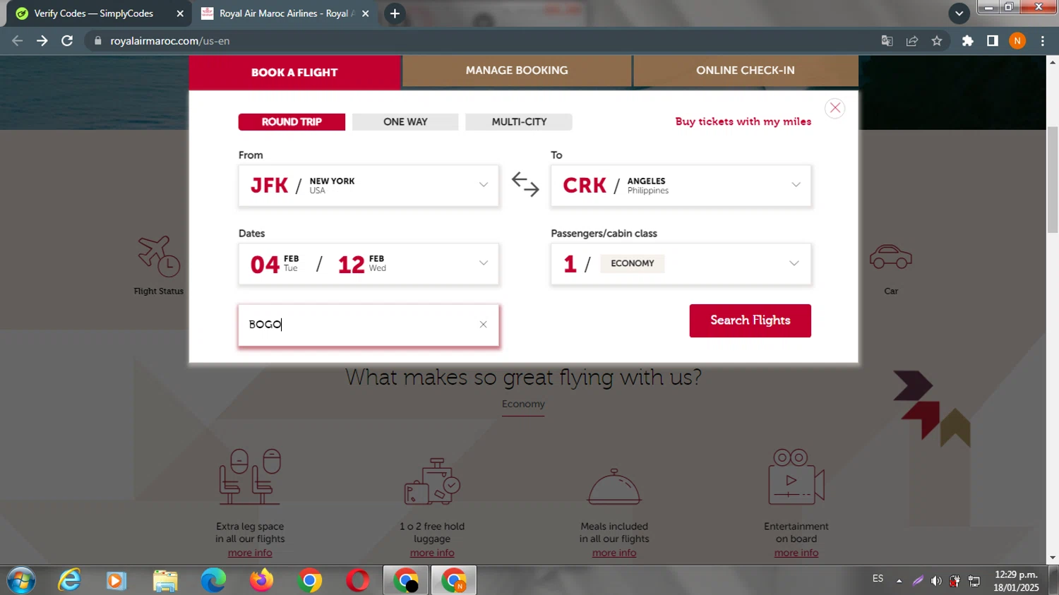 Royal Air Maroc checkout page showing Royal Air Maroc promo code box | Screenshot taken by SimplyCodes community member on Jan 18, 2025