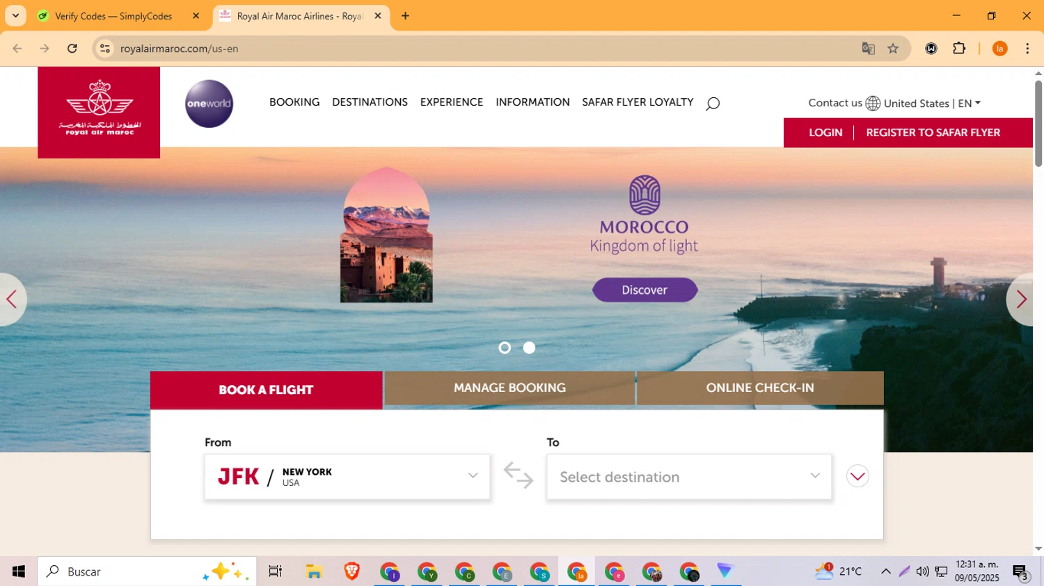 Royal Air Maroc promo code screenshot showing code LOVE applied at Royal Air Maroc checkout page. Uploaded by SimplyCodes community member LegendaryFox4384 on May 9, 2025