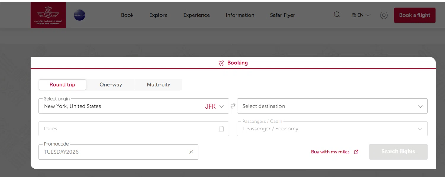 Royal Air Maroc promo code screenshot showing code TUESDAY2026 applied at Royal Air Maroc checkout page. Uploaded by SimplyCodes community member Loki_Odinson on Jan 28, 2026
