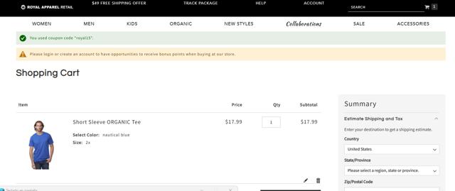 Royal Apparel checkout page showing Royal Apparel discount code box | Screenshot taken by SimplyCodes community member on Jan 3, 2025