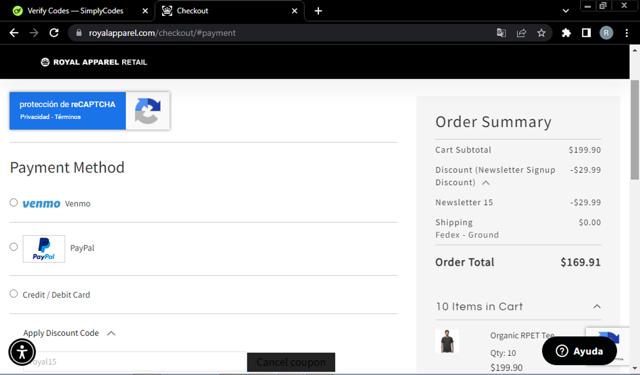 Royal Apparel checkout page showing Royal Apparel discount code box | Screenshot taken by SimplyCodes community member on Feb 15, 2025