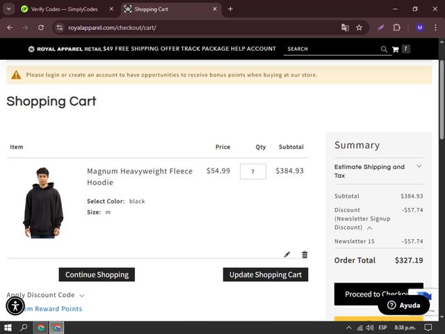 Royal Apparel checkout page showing Royal Apparel discount code box | Screenshot taken by SimplyCodes community member on Apr 3, 2025
