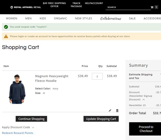 Royal Apparel checkout page showing Royal Apparel discount code box | Screenshot taken by SimplyCodes community member on Feb 11, 2025