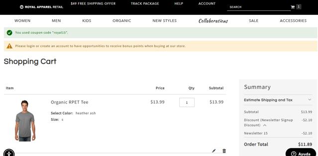 Royal Apparel checkout page showing Royal Apparel discount code box | Screenshot taken by SimplyCodes community member on Mar 18, 2025