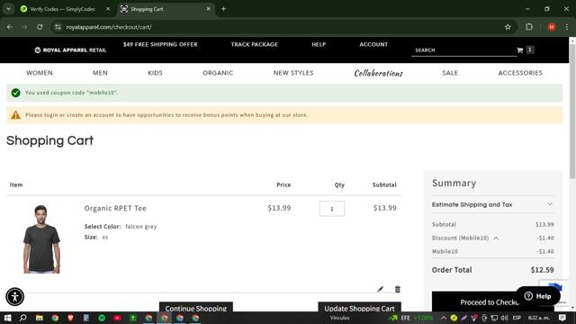 Royal Apparel checkout page showing Royal Apparel discount code box | Screenshot taken by SimplyCodes community member on Jan 22, 2025
