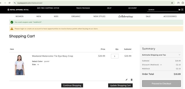 Royal Apparel checkout page showing Royal Apparel discount code box | Screenshot taken by SimplyCodes community member on Dec 24, 2024