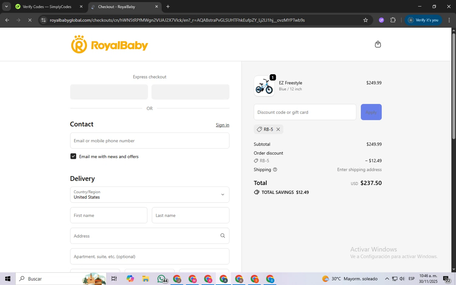 Royalbabyglobal promo code screenshot showing code RB-5 applied at Royalbabyglobal checkout page. Uploaded by SimplyCodes community member ScanSpotter8851 on Nov 30, 2025
