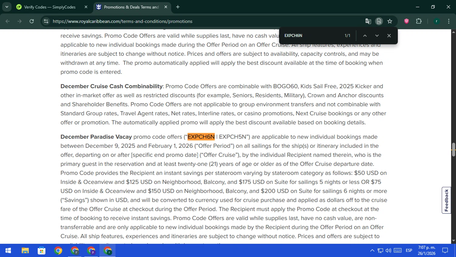 Royal Caribbean promo code screenshot showing code EXPCH6N applied at Royal Caribbean checkout page. Uploaded by SimplyCodes community member rodri1 on Jan 26, 2026