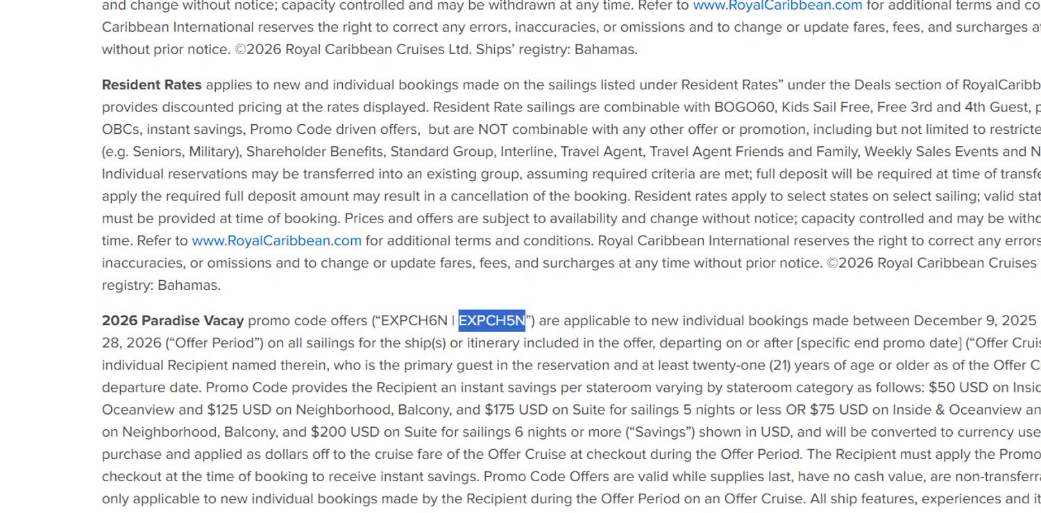 Royal Caribbean promo code screenshot showing code EXPCH5N applied at Royal Caribbean checkout page. Uploaded by SimplyCodes community member Dejadepicharme on Feb 27, 2026
