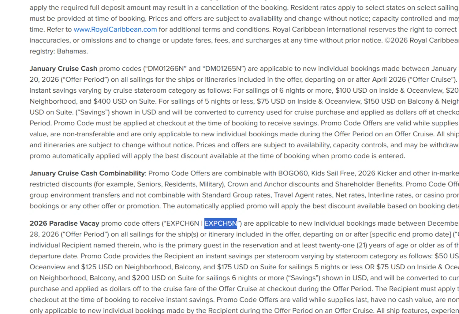 Royal Caribbean promo code screenshot showing code EXPCH5N applied at Royal Caribbean checkout page. Uploaded by SimplyCodes community member Dejadepicharme on Feb 20, 2026