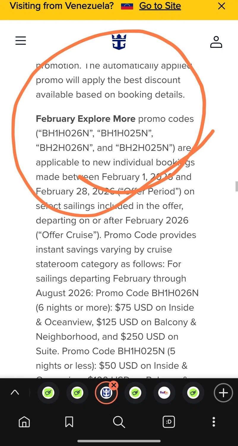 Royal Caribbean promo code screenshot showing code BH2H025N applied at Royal Caribbean checkout page. Uploaded by SimplyCodes community member Dejadepicharme on Feb 25, 2026