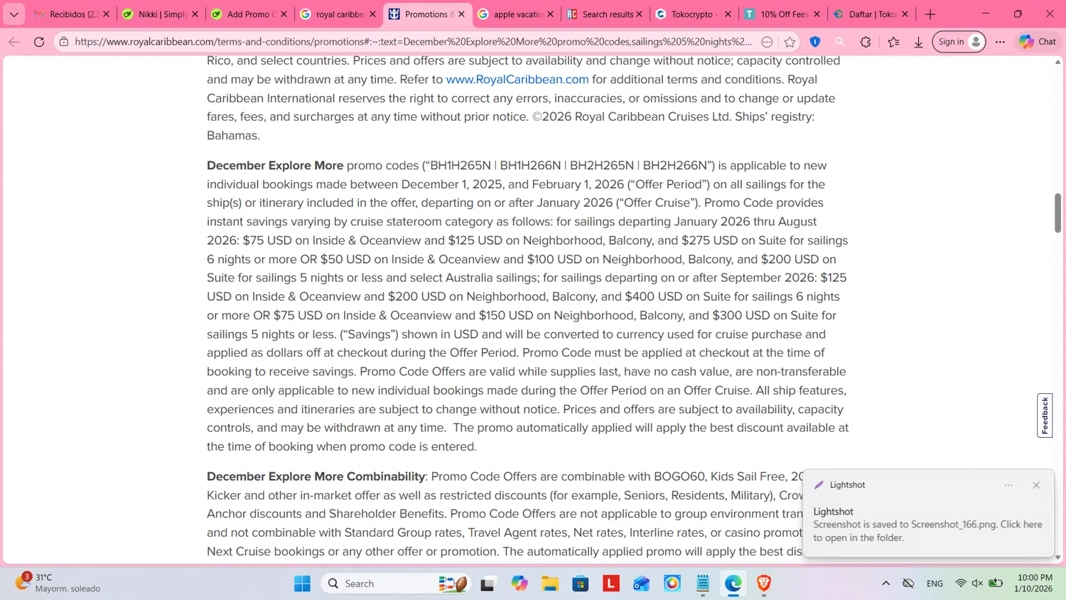 Royal Caribbean promo code screenshot showing code BH2H265N applied at Royal Caribbean checkout page. Uploaded by SimplyCodes community member cosita on Jan 11, 2026