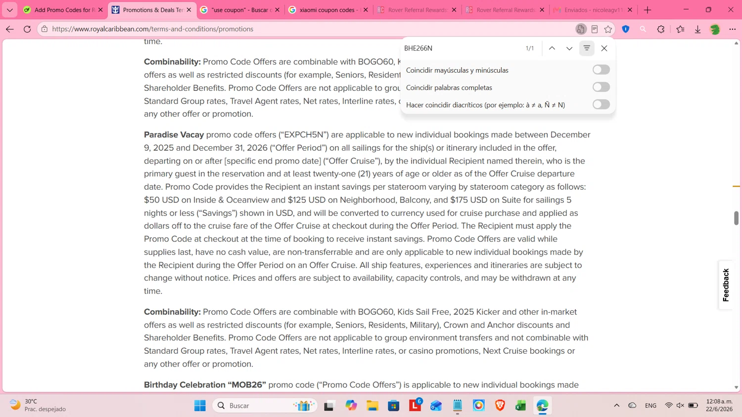 Royal Caribbean promo code screenshot showing code EXPCH5N applied at Royal Caribbean checkout page. Uploaded by SimplyCodes community member cosita on Jun 22, 2026