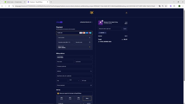 RoyalCDKeys checkout page showing RoyalCDKeys discount code box | Screenshot taken by SimplyCodes community member on Jul 24, 2025