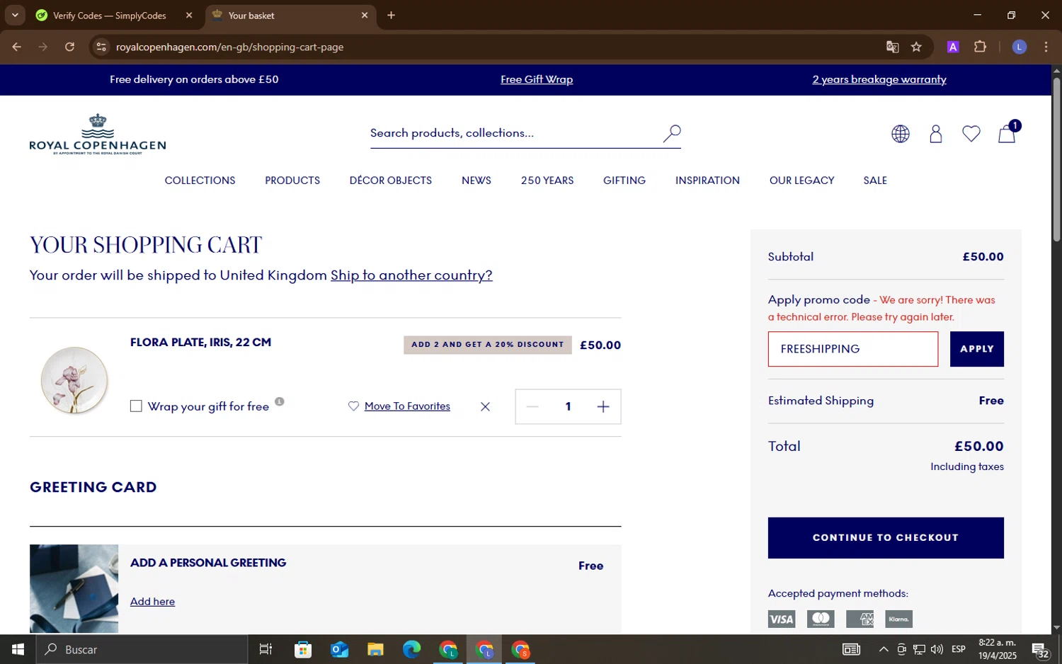 Royal Copenhagen promo code screenshot showing code FREESHIPPING applied at Royal Copenhagen checkout page. Uploaded by SimplyCodes community member LuckyEagle5535 on Apr 19, 2025