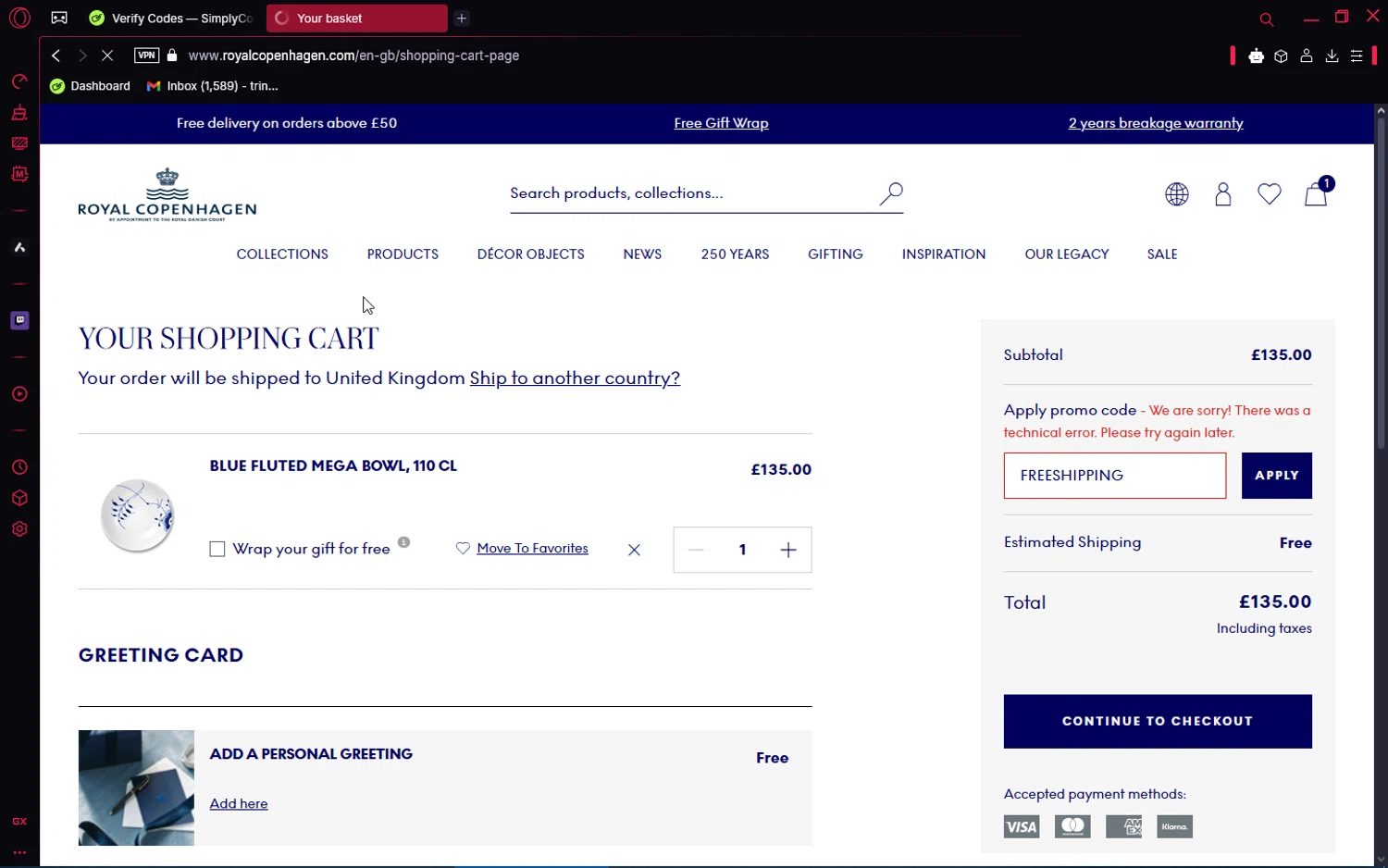 Royal Copenhagen promo code screenshot showing code FREESHIPPING applied at Royal Copenhagen checkout page. Uploaded by SimplyCodes community member jakeperro on Apr 19, 2025