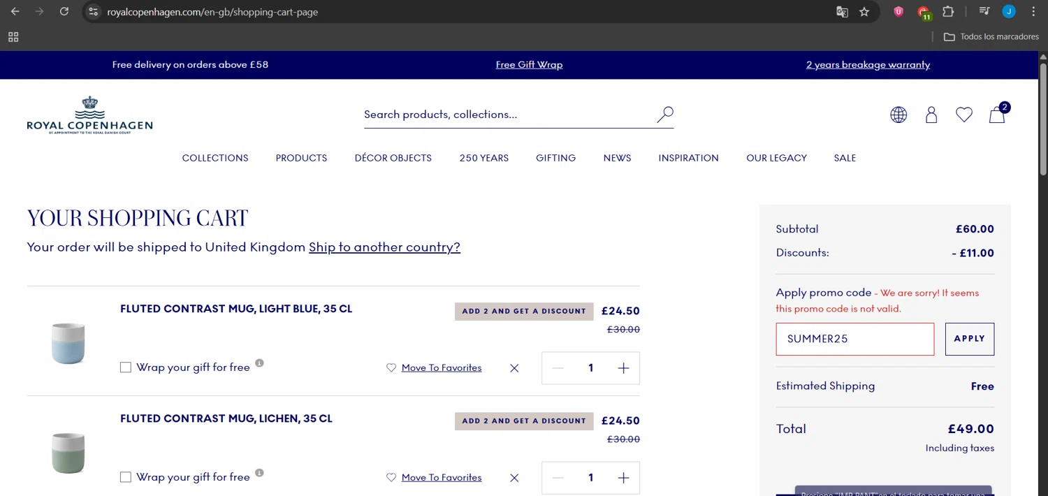 Royal Copenhagen promo code screenshot showing code SUMMER25 applied at Royal Copenhagen checkout page. Uploaded by SimplyCodes community member Jeanjc on Jul 20, 2025