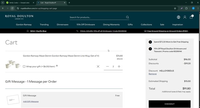 Royal Doulton checkout page showing Royal Doulton promo code box | Screenshot taken by SimplyCodes community member on Apr 14, 2025