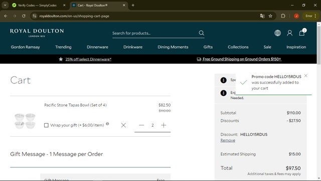 Royal Doulton checkout page showing Royal Doulton promo code box | Screenshot taken by SimplyCodes community member on Sep 9, 2024