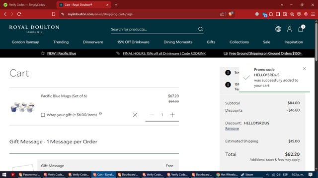 Royal Doulton checkout page showing Royal Doulton promo code box | Screenshot taken by SimplyCodes community member on Apr 14, 2025