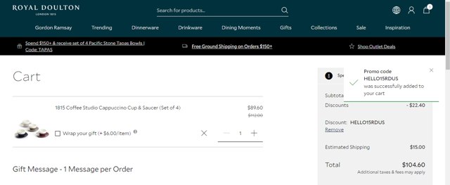 Royal Doulton checkout page showing Royal Doulton promo code box | Screenshot taken by SimplyCodes community member on Jul 9, 2024