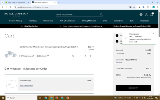 Royal Doulton checkout page showing Royal Doulton promo code box | Screenshot taken by SimplyCodes community member on Apr 14, 2025