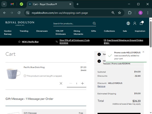 Royal Doulton checkout page showing Royal Doulton promo code box | Screenshot taken by SimplyCodes community member on Apr 5, 2025