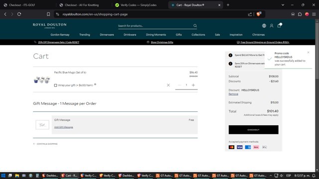 Royal Doulton checkout page showing Royal Doulton promo code box | Screenshot taken by SimplyCodes community member on Dec 21, 2024
