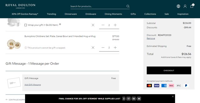 Royal Doulton checkout page showing Royal Doulton promo code box | Screenshot taken by SimplyCodes community member on Mar 29, 2024