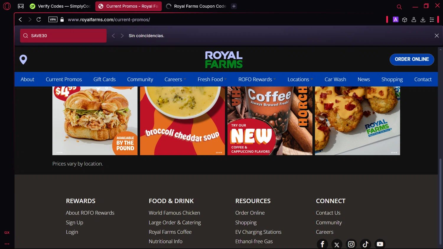 Royal Farms coupon code screenshot showing code SAVE30 applied at Royal Farms checkout page. Uploaded by SimplyCodes community member Elsuanfonson on Mar 8, 2025