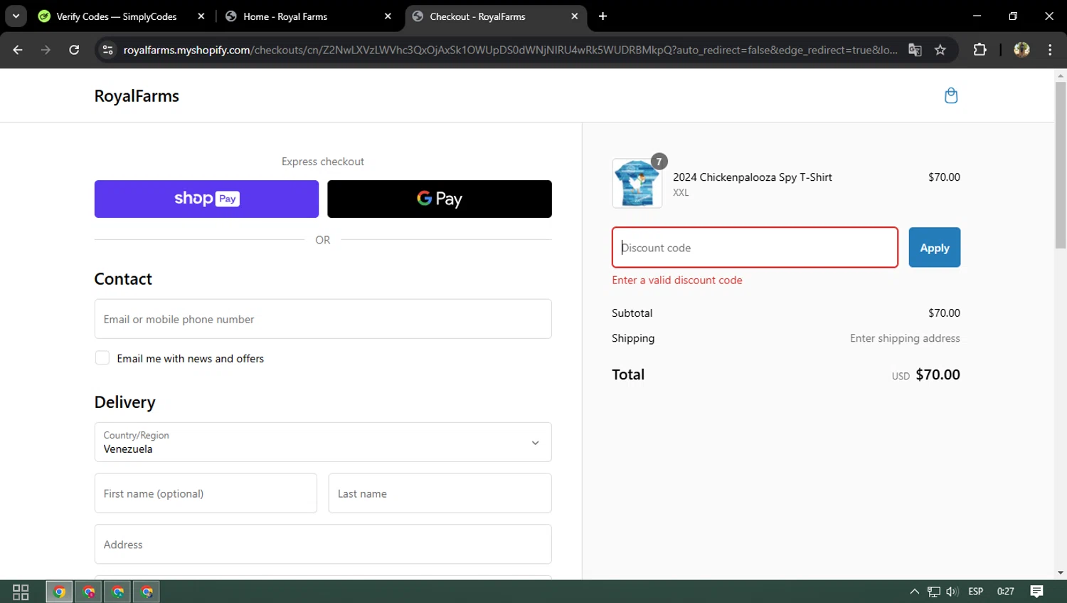 Royal Farms coupon code screenshot showing code SAVE30 applied at Royal Farms checkout page. Uploaded by SimplyCodes community member ELVERDEDESAMP on Feb 22, 2025