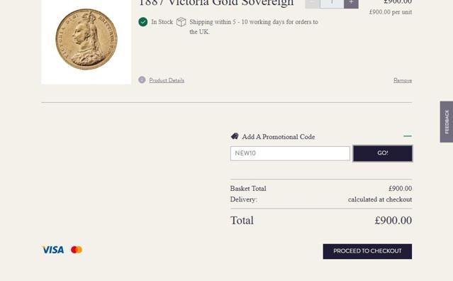 The Royal Mint checkout page showing The Royal Mint promo code box | Screenshot taken by SimplyCodes community member on Aug 14, 2025