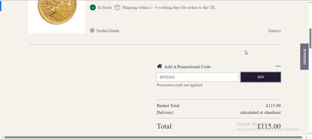 The Royal Mint checkout page showing The Royal Mint promo code box | Screenshot taken by SimplyCodes community member on Jul 15, 2025