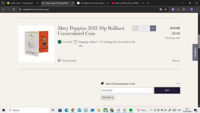 The Royal Mint checkout page showing The Royal Mint promo code box | Screenshot taken by SimplyCodes community member on Aug 13, 2025
