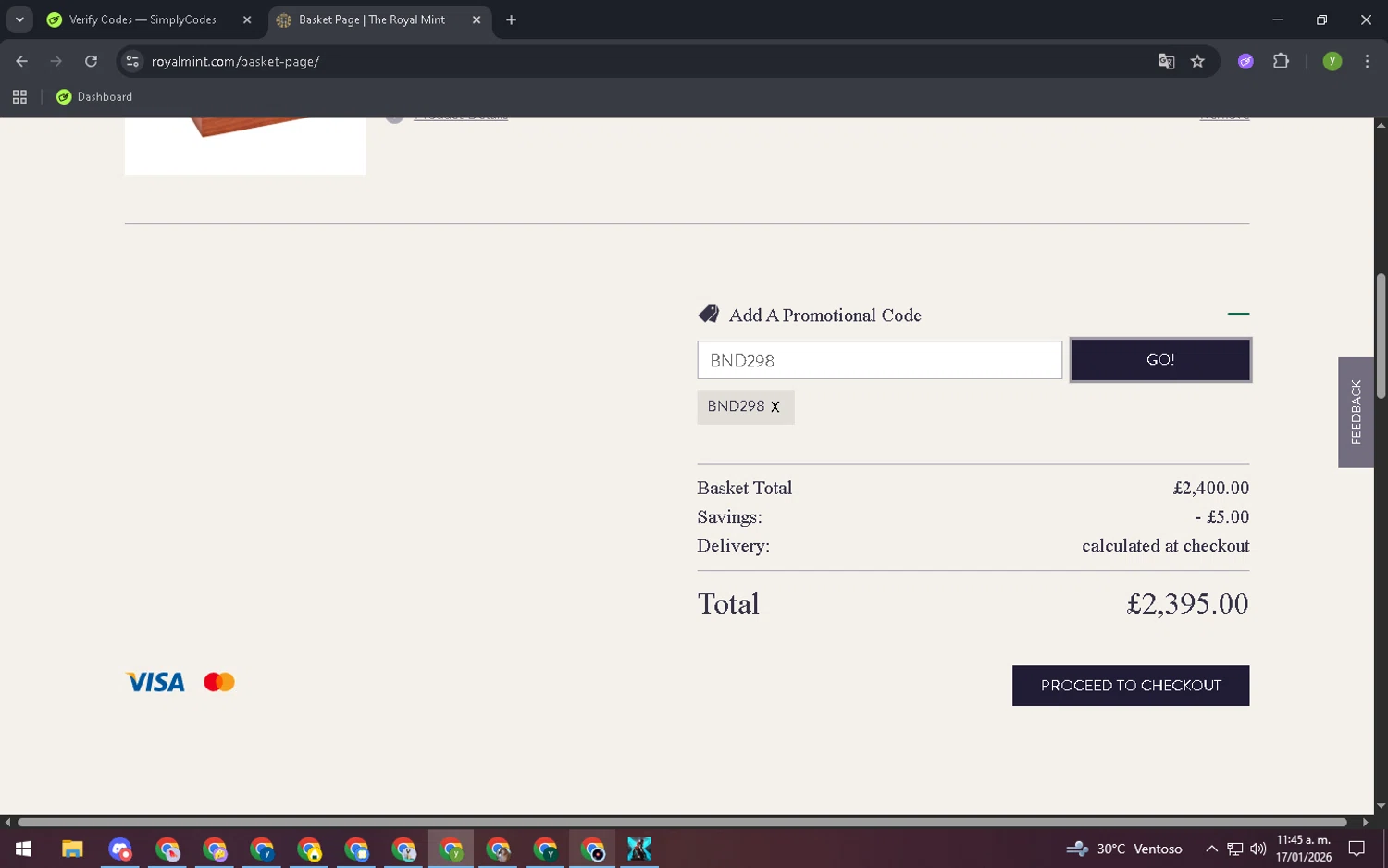 The Royal Mint promo code screenshot showing code BND298 applied at The Royal Mint checkout page. Uploaded by SimplyCodes community member SalePioneer1064 on Jan 17, 2026
