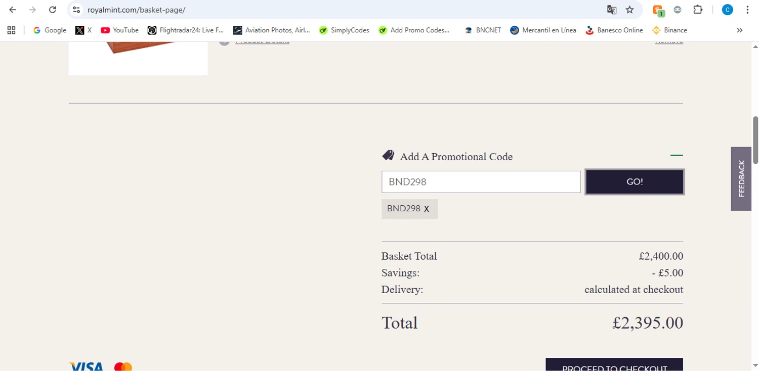 The Royal Mint promo code screenshot showing code BND298 applied at The Royal Mint checkout page. Uploaded by SimplyCodes community member victor on Jan 17, 2026