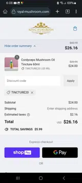 TINCTURE20 coupon verification screenshot