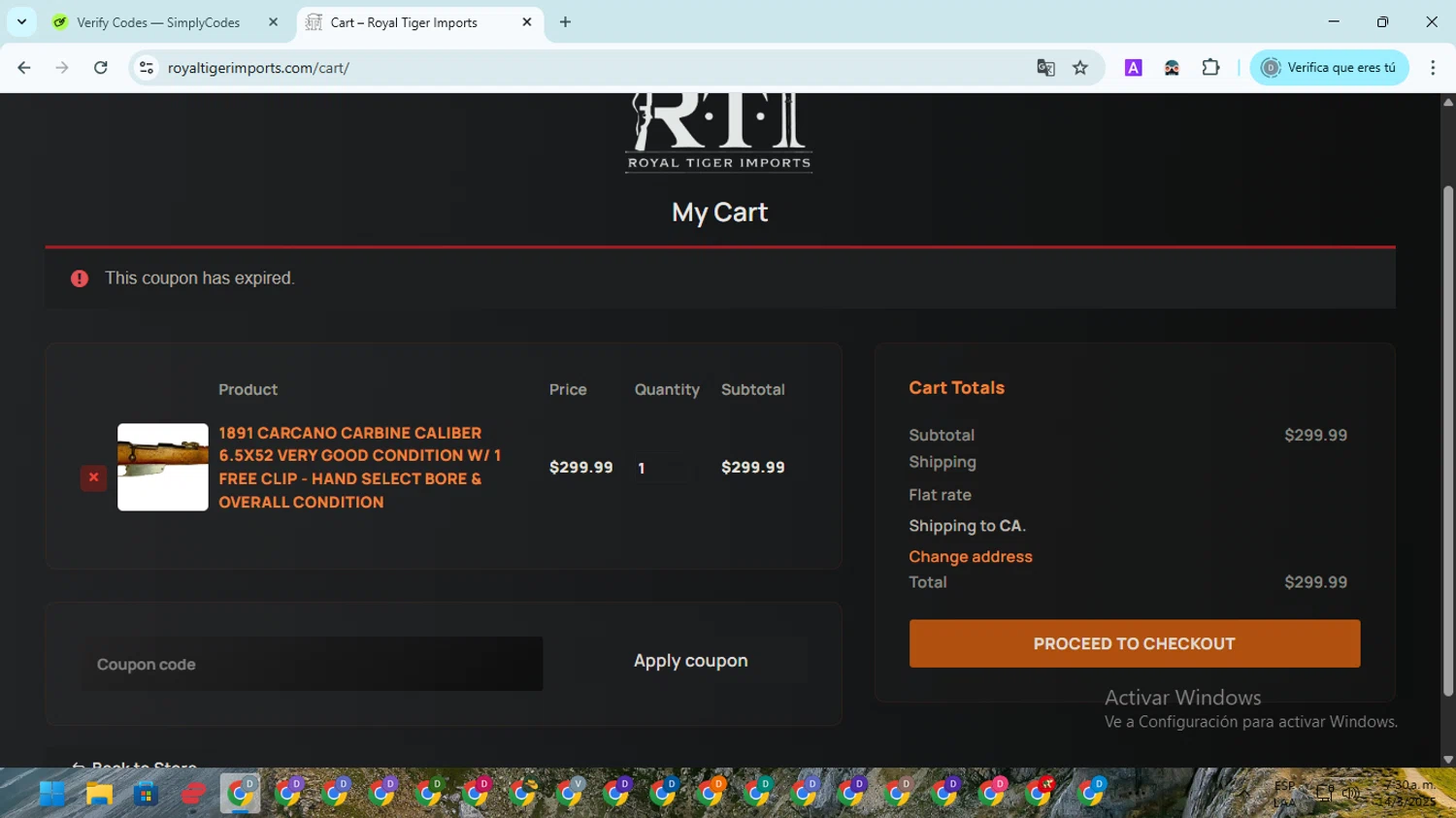 Royal Tiger Imports coupon code screenshot showing code OVER300 applied at Royal Tiger Imports checkout page. Uploaded by SimplyCodes community member ScanMaven5756 on Mar 14, 2025