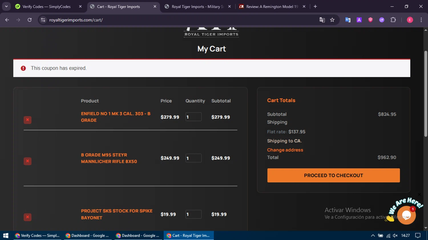 Royal Tiger Imports coupon code screenshot showing code FREESHIPPING300 applied at Royal Tiger Imports checkout page. Uploaded by SimplyCodes community member MightyNavigator742 on Jun 15, 2025