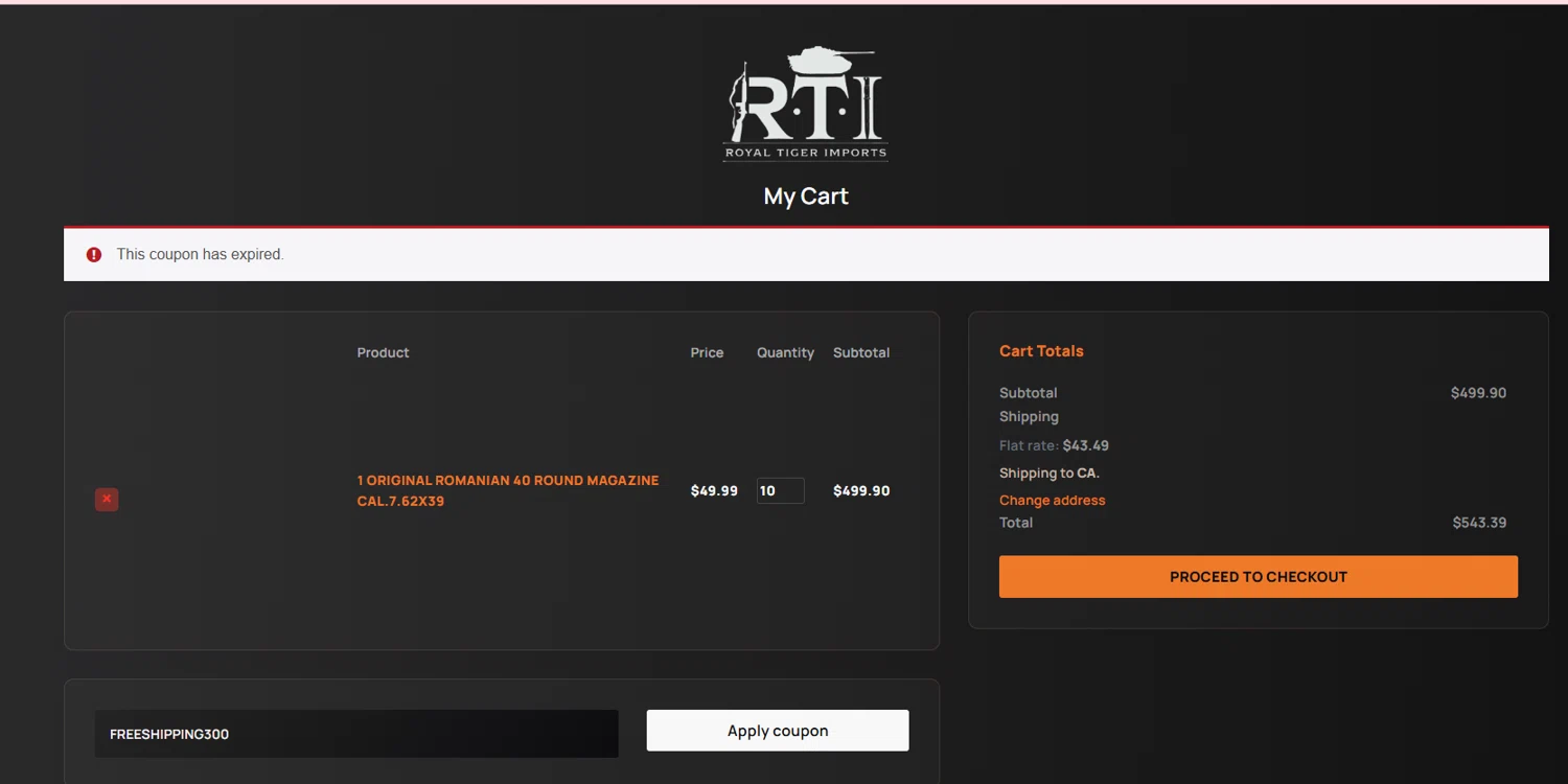 Royal Tiger Imports coupon code screenshot showing code FREESHIPPING300 applied at Royal Tiger Imports checkout page. Uploaded by SimplyCodes community member Westcoll on Jun 15, 2025