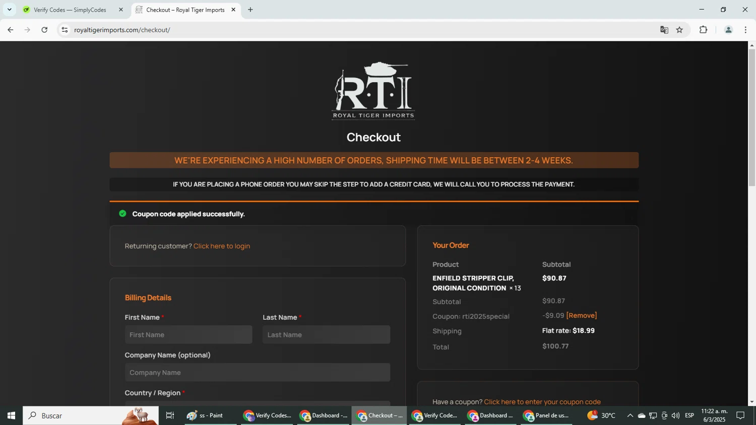 Royal Tiger Imports checkout page showing Royal Tiger Imports coupon code box | Screenshot taken by SimplyCodes community member on Mar 6, 2025