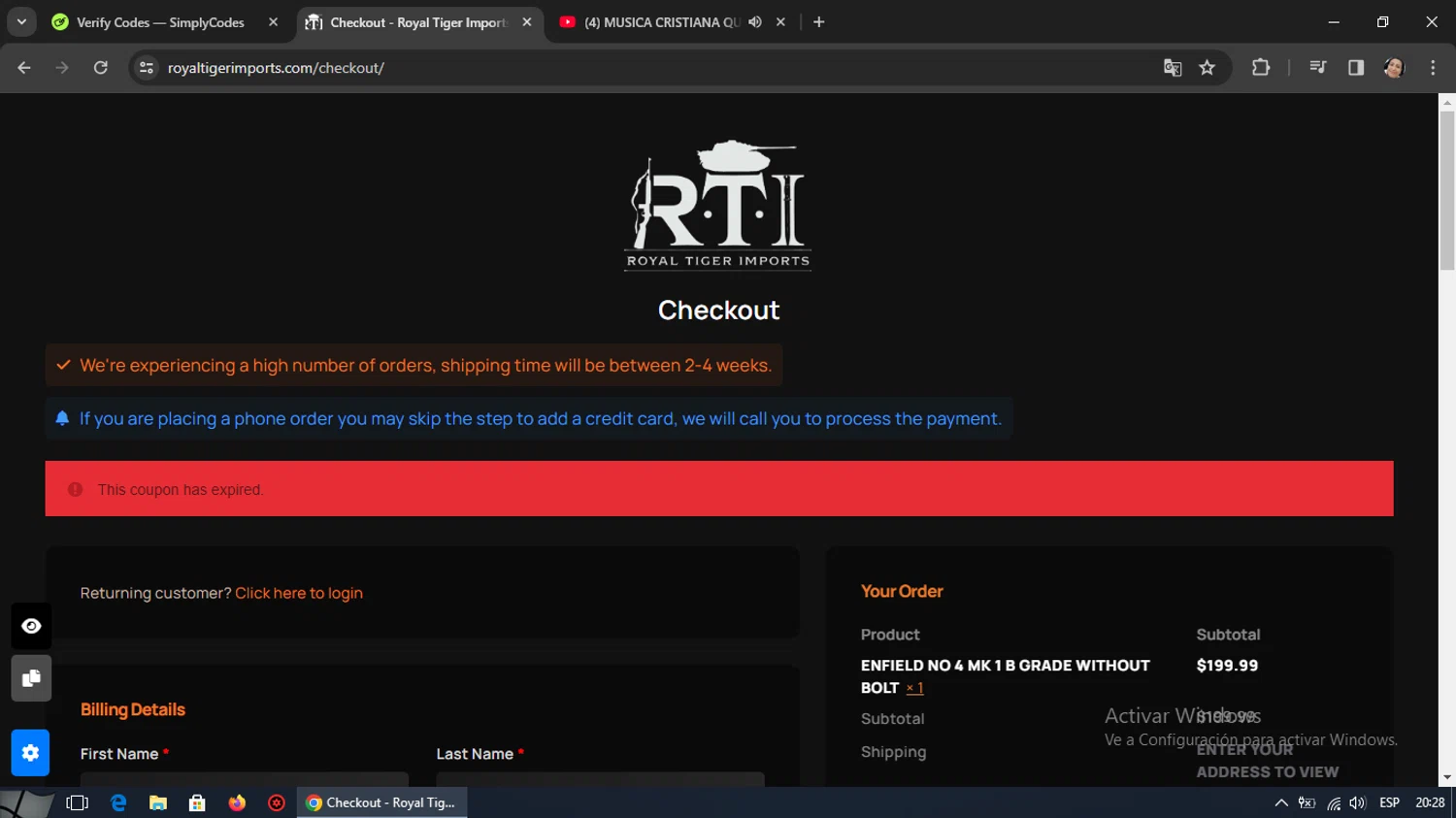 Royal Tiger Imports coupon code screenshot showing code SAVE30NOW applied at Royal Tiger Imports checkout page. Uploaded by SimplyCodes community member milennyzarraga on May 30, 2025