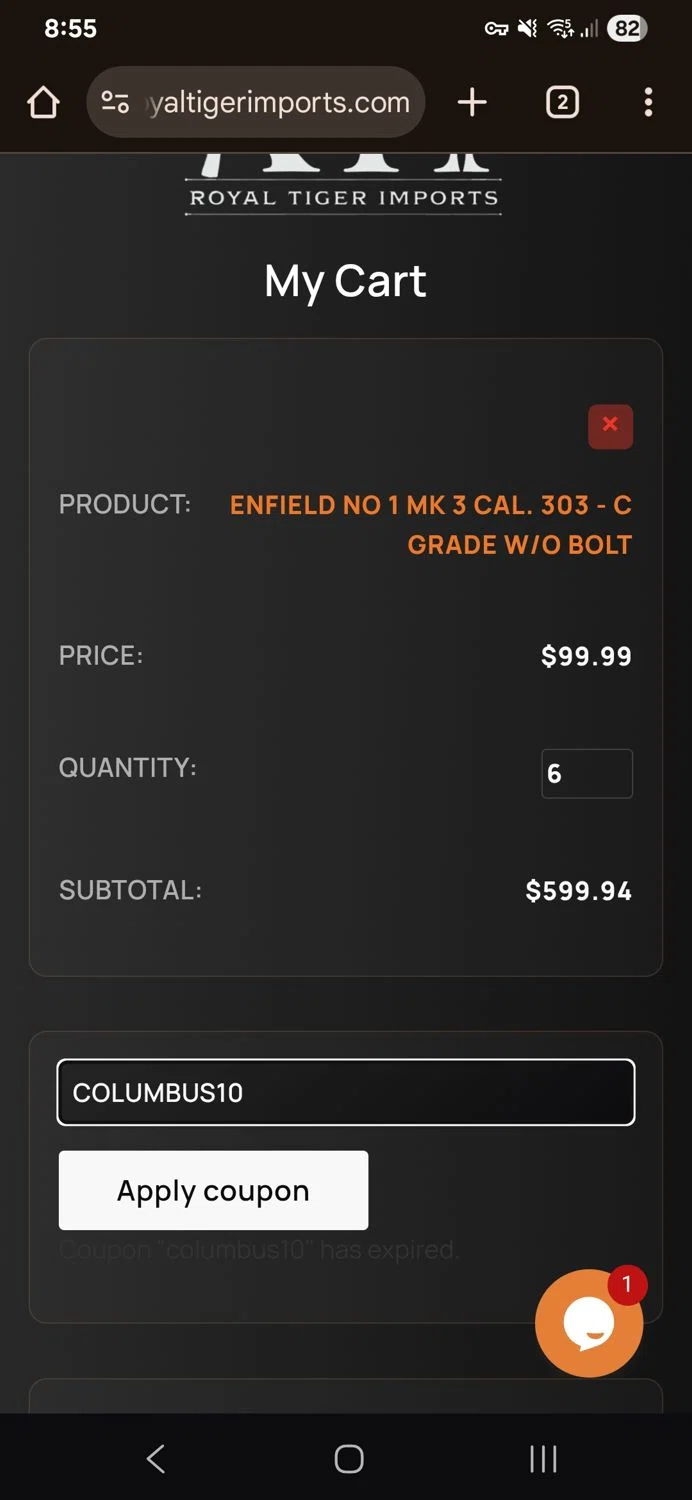 Royal Tiger Imports coupon code screenshot showing code COLUMBUS10 applied at Royal Tiger Imports checkout page. Uploaded by SimplyCodes community member Jose_515 on Nov 11, 2025